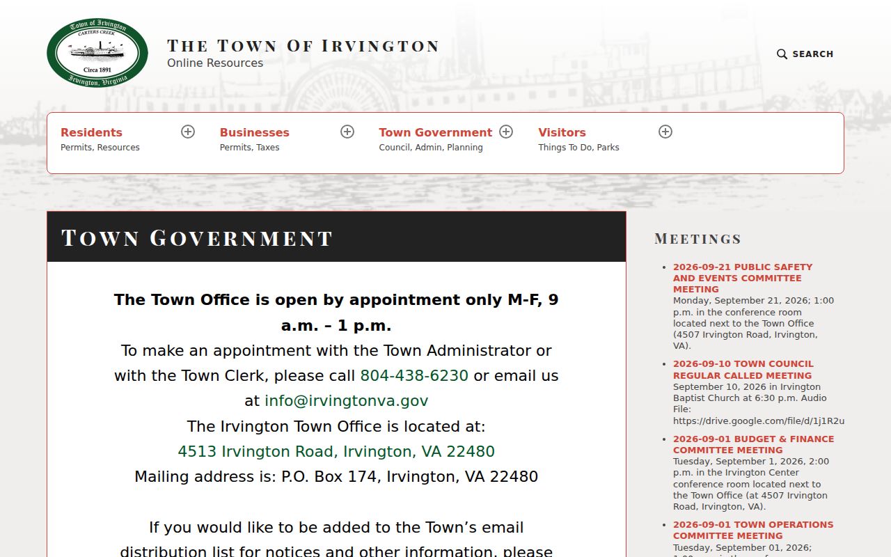 Irvington warrant records: appointment-only Town Office location and hours