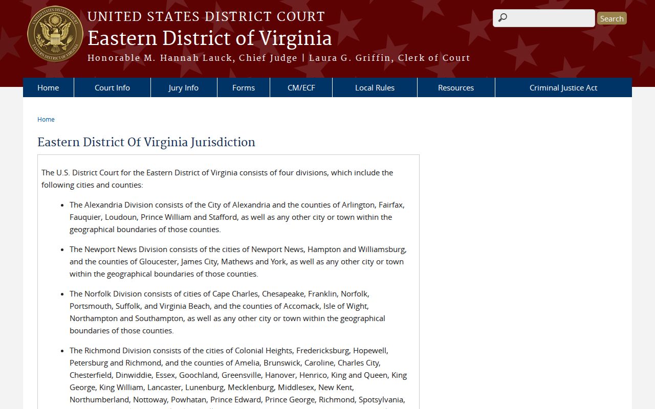 Lancaster County warrant records: federal jurisdiction map placing Lancaster in Richmond Division