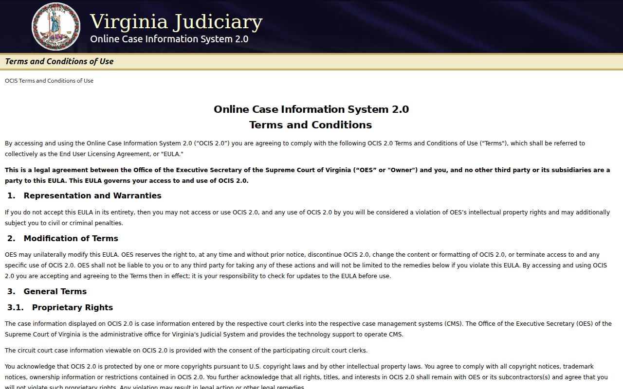Lancaster County warrant records: Virginia OCIS 2.0 search landing page